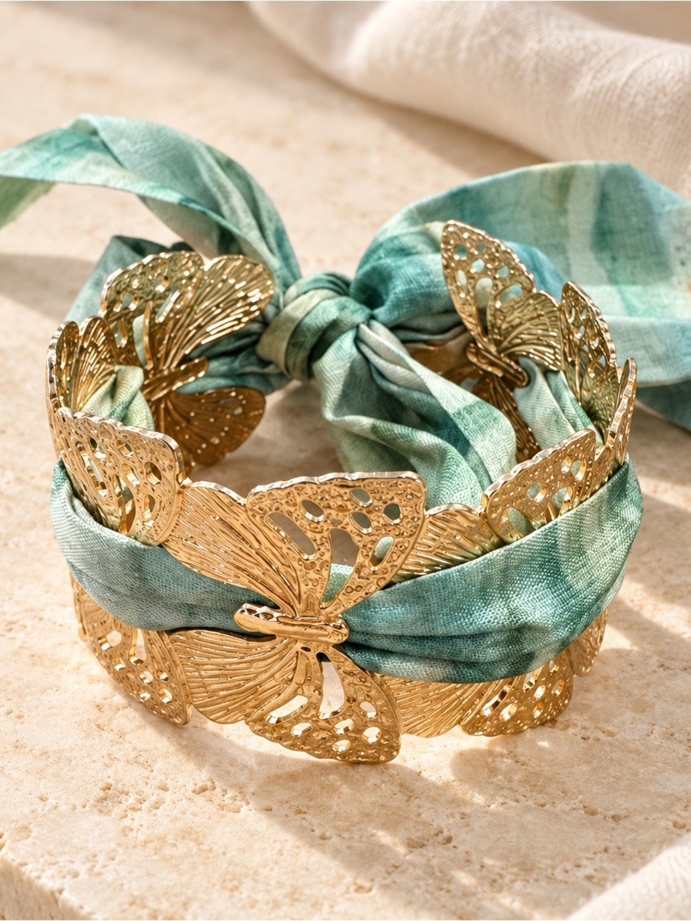Gold Butterfly Silk Wrap Bracelet - Green Multi